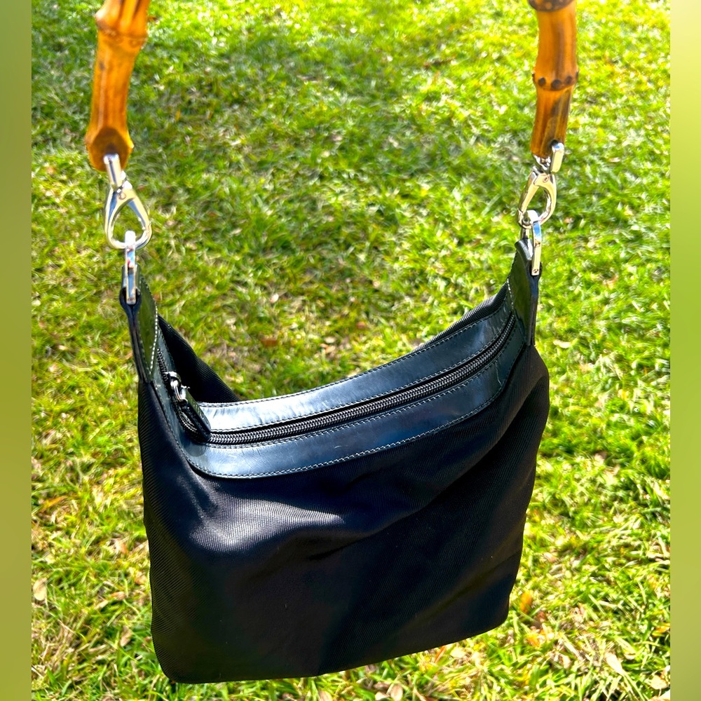 Authentic Gucci Shoulder Bag Black Nylon with patent Leather